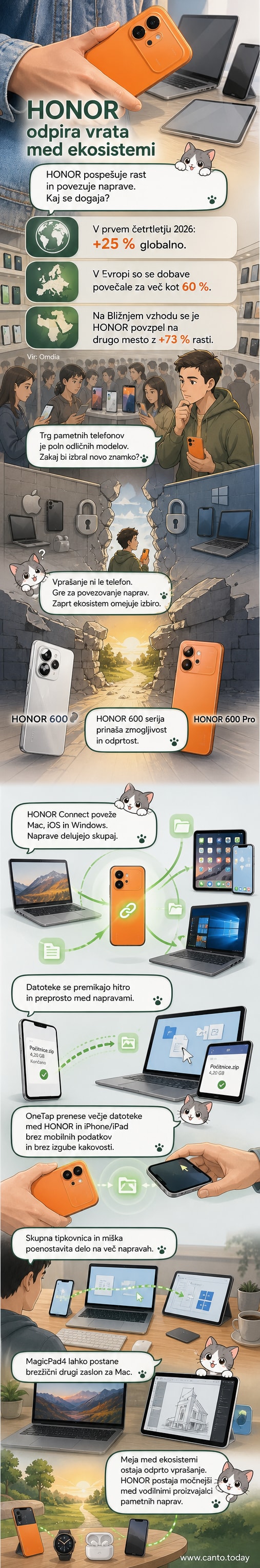 Ilustracija, ki prikazuje povezavo med HONOR telefonom, Apple Mac računalnikom in iPadom prek brezžične tehnologije, s simboli za prenos datotek in skupno tipkovnico.