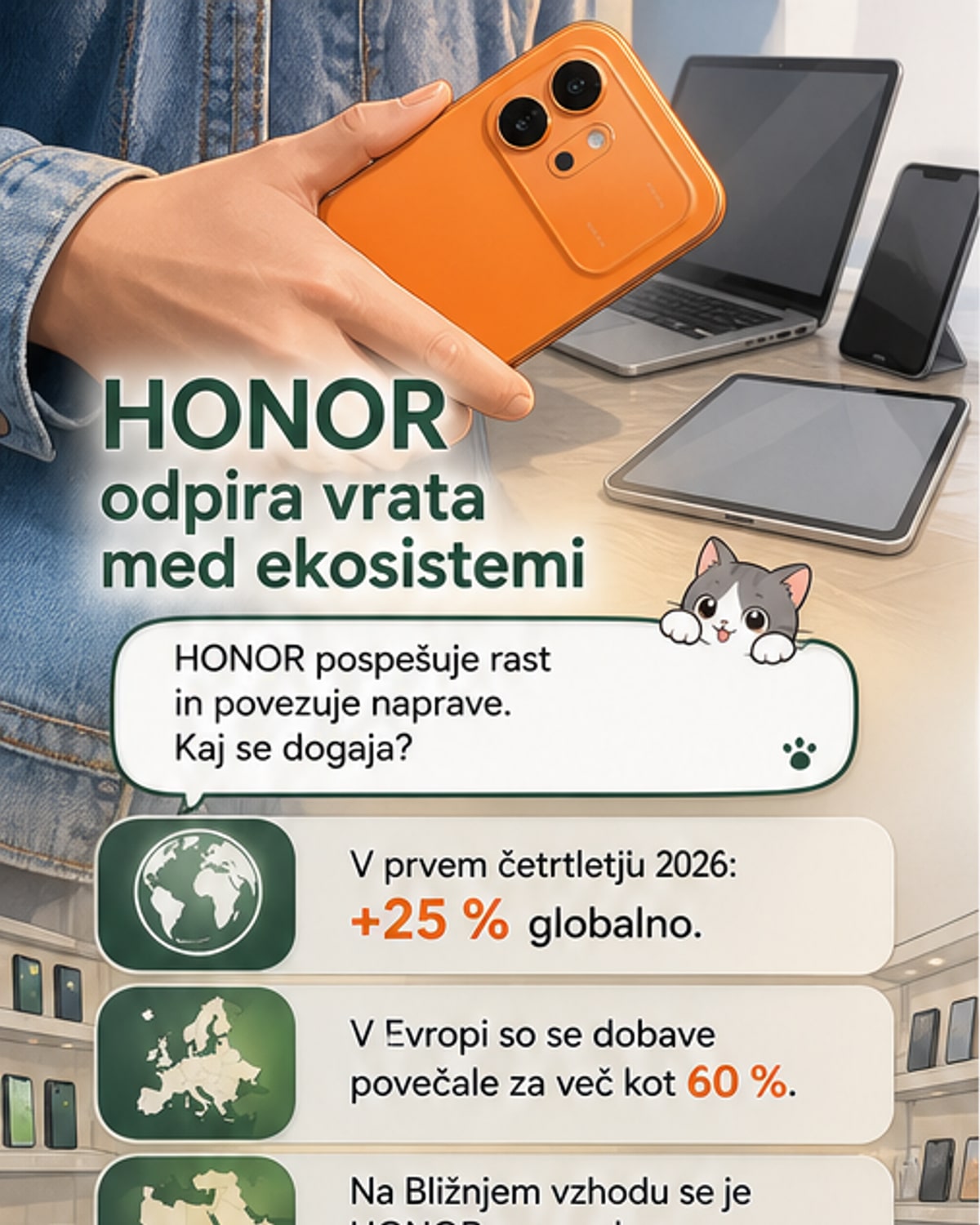 Ilustracija, ki prikazuje povezavo med HONOR telefonom, Apple Mac računalnikom in iPadom prek brezžične tehnologije, s simboli za prenos datotek in skupno tipkovnico.