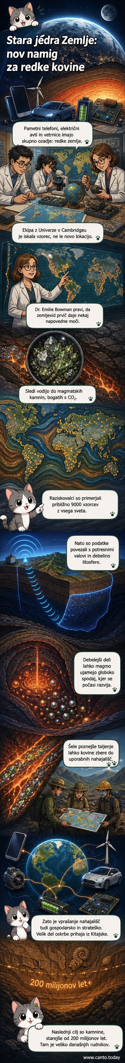 Ilustracija Zemljine notranjosti z oznako debelih delov litosfere, kjer se nabirajo redkozemeljski elementi v magmatskih kamninah.