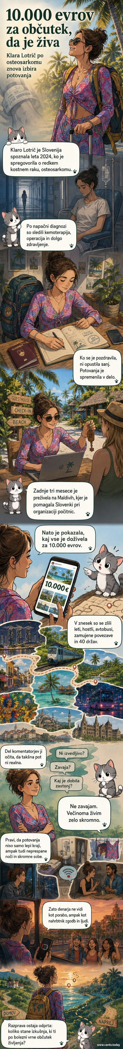 Ilustracija mlade ženske s prtljago na hrbtu, ki stoji na vrhu sveta, okoli nje zemljevidi in ikone različnih držav, v ozadju sončni zahod.