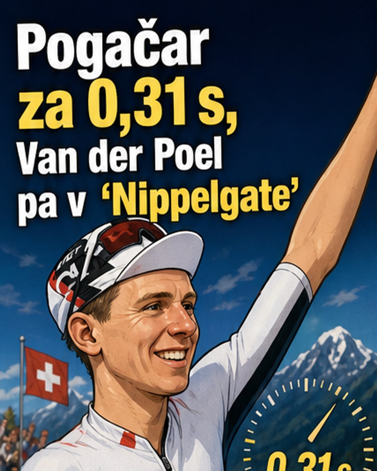 Tadej Pogačar na kolesu, Mathieu van der Poel z razgaljenimi prsmi, v ozadju dirka po Švici in kolesarska publika.