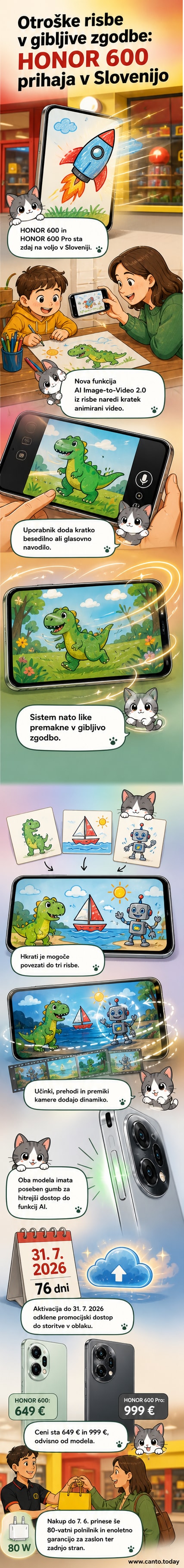 Pametni telefon HONOR 600 prikazuje animacijo, ki jo je ustvaril iz otroške risbe z uporabo umetne inteligence.