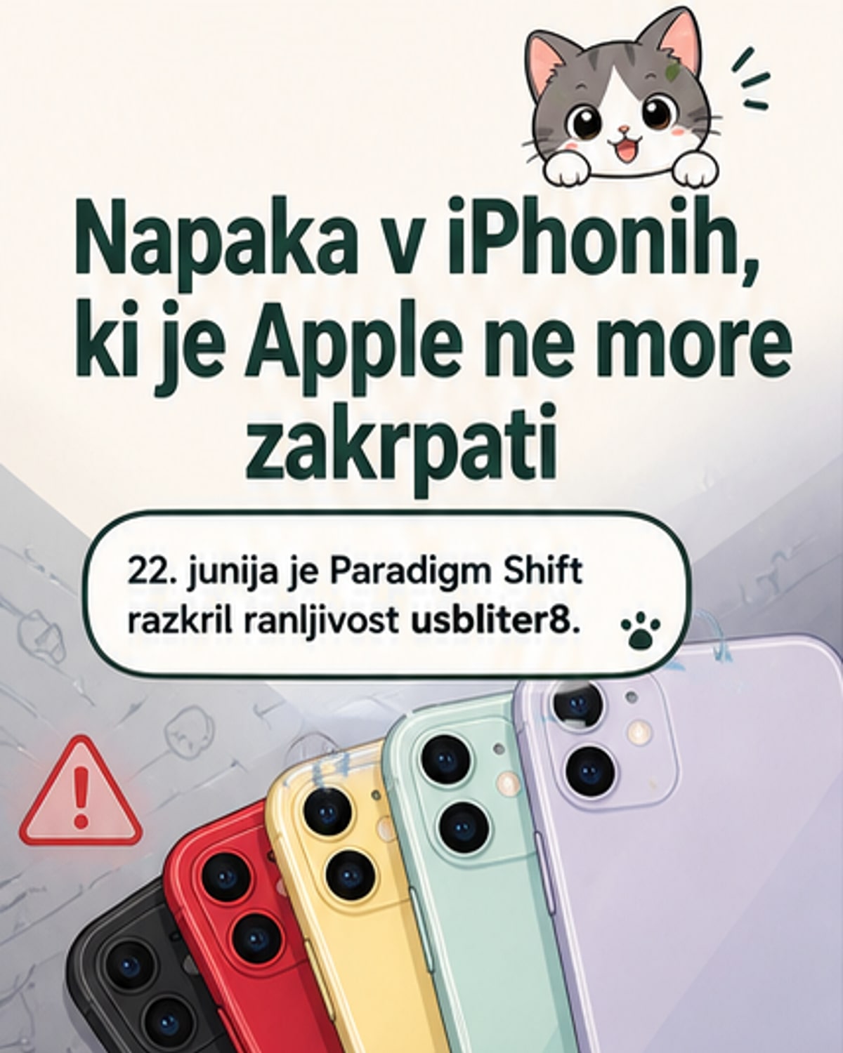 Ilustracija pametnega telefona z rdečo lučko varnostne ranljivosti, ki utripa na zaslonu, v ozadju slika čipa z napako v kodi.