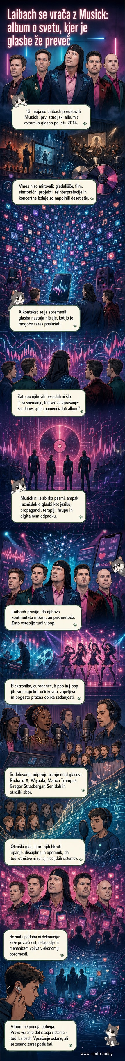 Člani skupine Laibach pred mikrofoni, obkroženi s svetlimi rožnati lučmi, ki ustvarjajo sintetičen, skoraj algoritemski vtis.