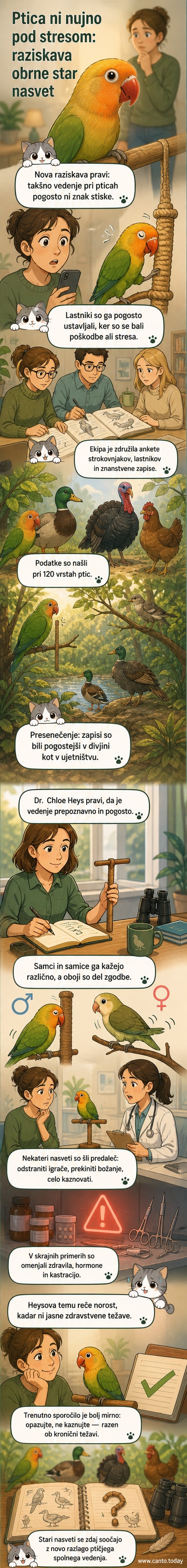 Ilustracija papige, ki se »drgne« ob igračo, v naravnem okolju z drugimi ptiči v ozadju