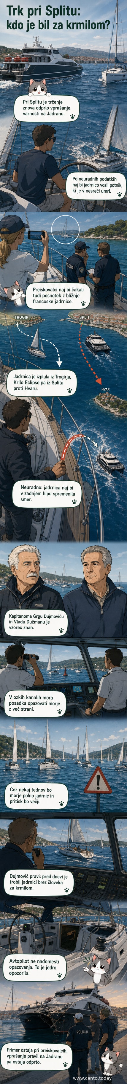 Ilustracija trčenja katamarana in jadrnice na modrem morju, s poškodovanim premcem in praznim krmilom jadrnice