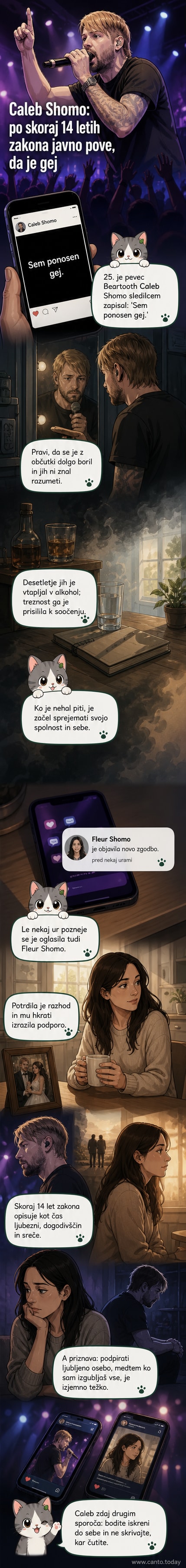 Ilustracija pevca Caleb Shoma na oderu, z rdečo svetlobo in besedilom 'Sem ponosen gej' v ozadju
