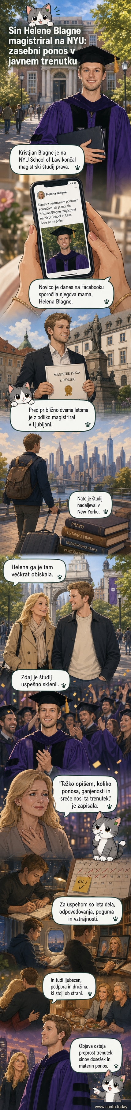 Ilustracija mladega moškega v akademski togi, ki drži diplomo, v ozadju simboli New York University in pravne fakultete.
