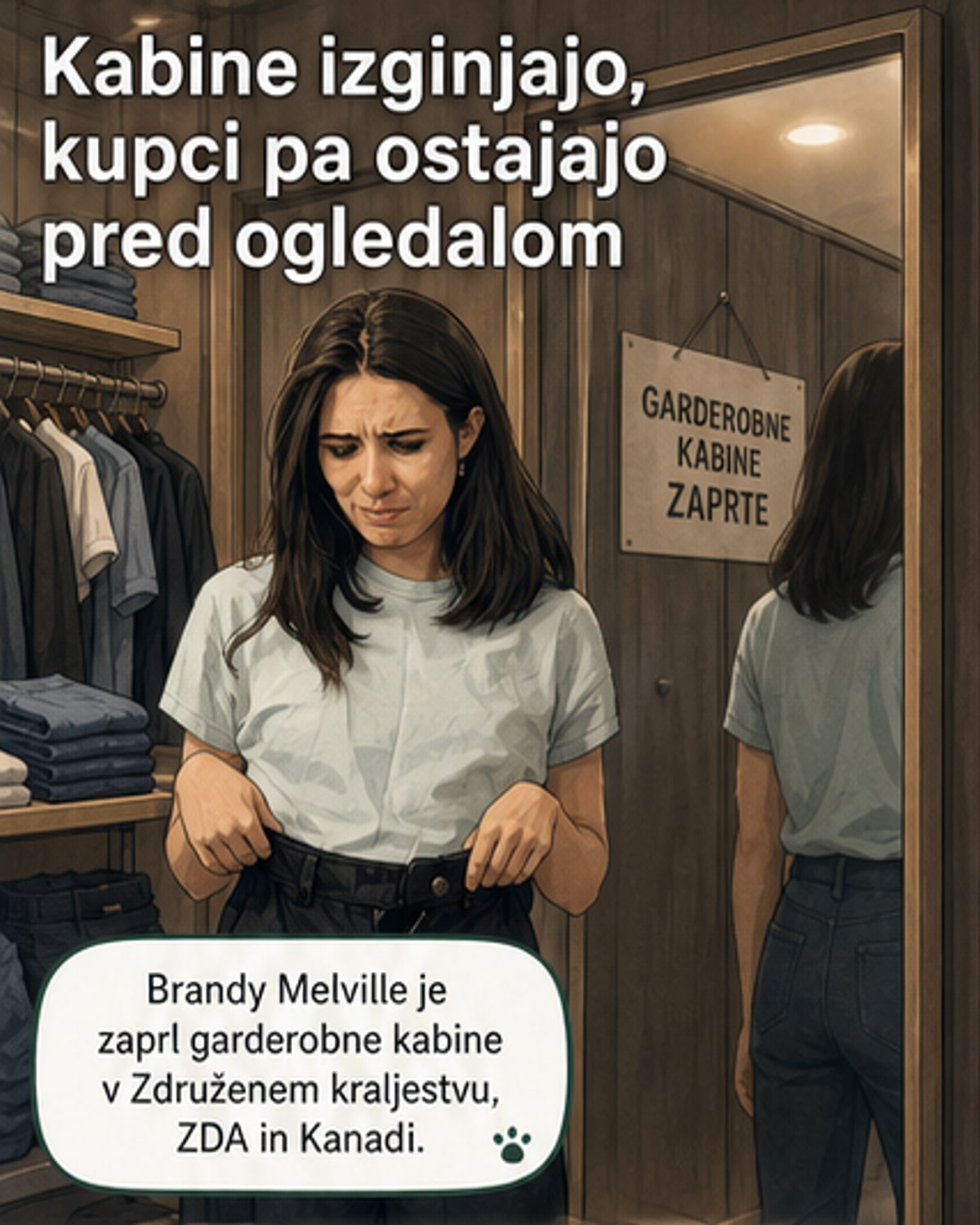 Prazna garderobna kabina v modni trgovini brez zaves, na tleh pa leži merilni trak
