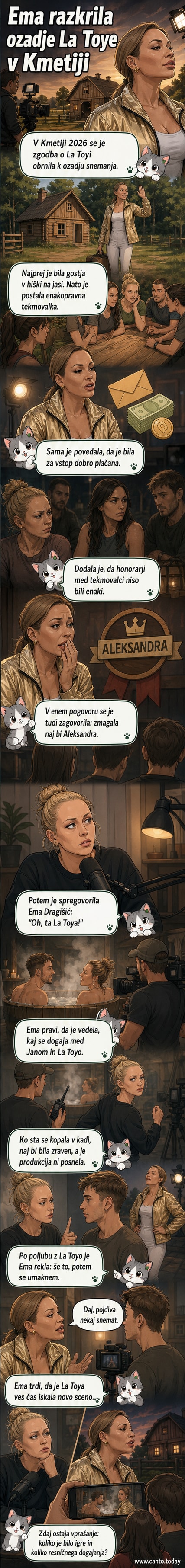 La Toya v reality šovu Kmetija 2026, sedi na klopi v kmetijski hiši, z izrazom dramatičnega presenečenja na obrazu.