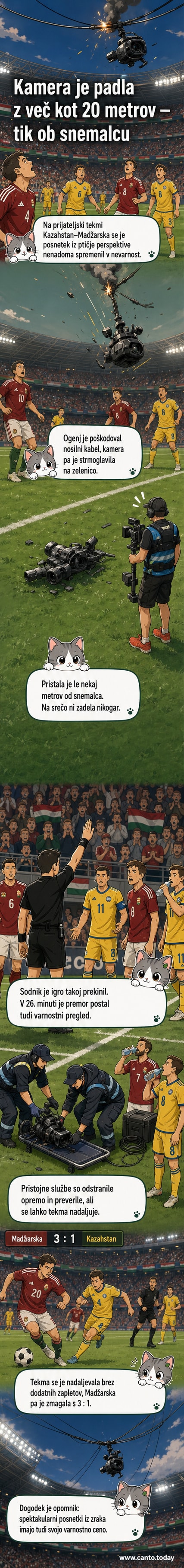 Prazno nogometno igrišče z opazno poškodovano kabelsko opremo na robu, kjer je padla kamera.