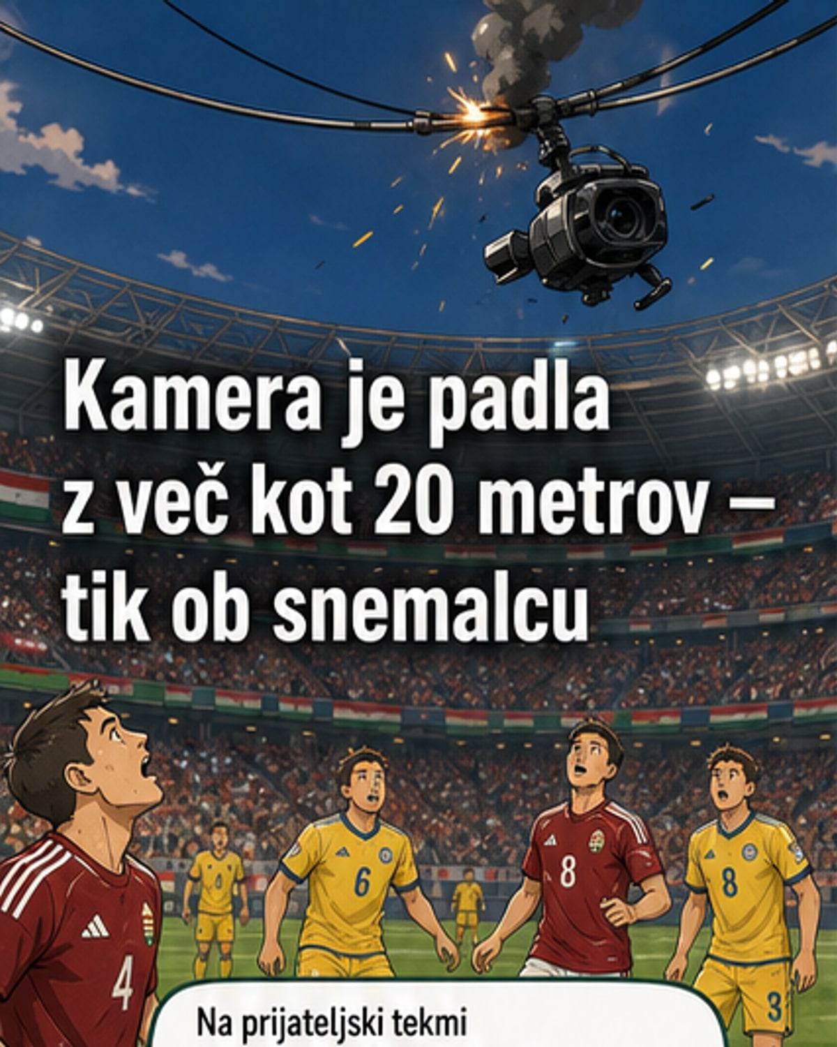 Prazno nogometno igrišče z opazno poškodovano kabelsko opremo na robu, kjer je padla kamera.