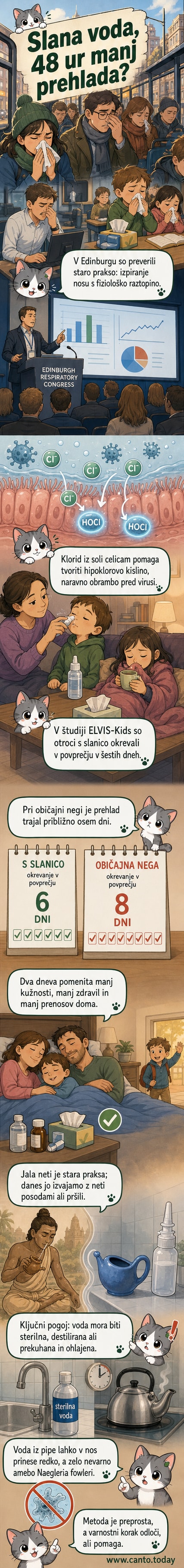 Ilustracija otroka, ki izpira nos s slanico, ob zaslonu s podatki o študiji ELVIS-Kids in primerjavi trajanja prehlada.