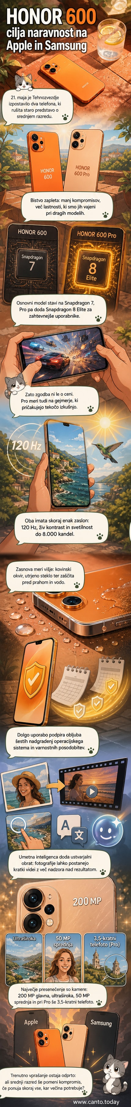 Dva modernejša mobilna telefona HONOR 600 Pro ob strani, prikazana njuna zaslon in kamera, v ozadju pa so ikone Apple in Samsung, ki izgubljata jasnost.