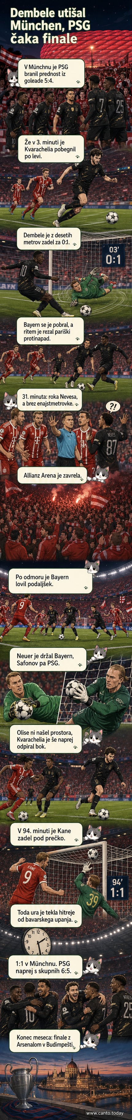 Nogometaš Ousmane Dembele (PSG) slavi zadetek proti Bayernu Münchnu na tekmi Lige prvakov, ob njem so igralci v rdečih in belih dresih.