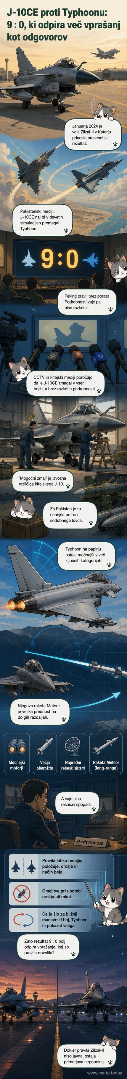 Ilustracija dveh vojnih letal v zračnem spopadu: kitajskega J-10CE in evropskega Eurofighter Typhoon nad pustinjskim prizorom Katarja.