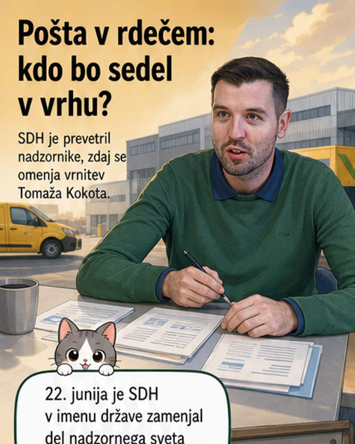 Ilustracija zgradbe Pošte Slovenije z vstopajočim moškim v obleki, ki simbolizira vrnitev na vodilni položaj.