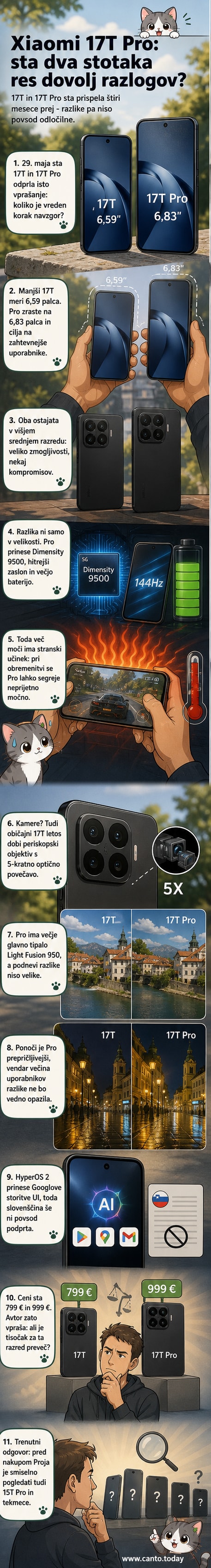 Dva pametna telefona Xiaomi 17T in 17T Pro, postavljena vzporedno, z označenimi razlikami v velikosti, bateriji, procesorju in kameri.