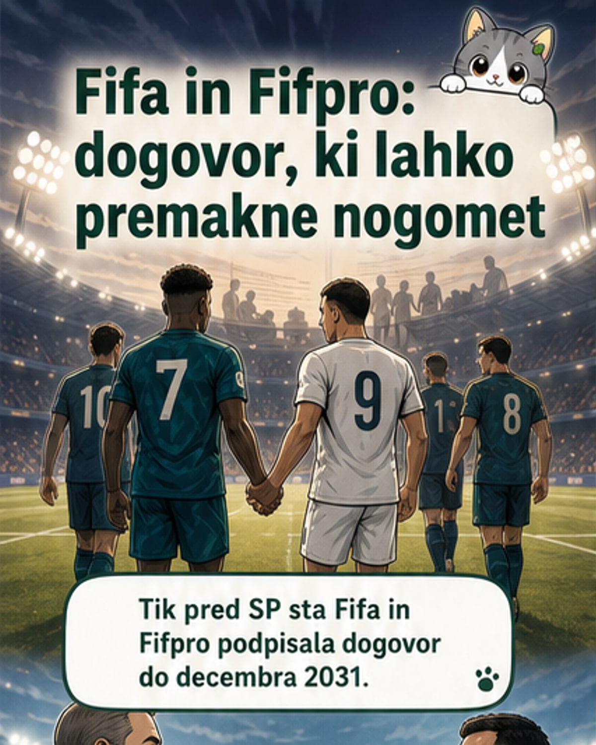 Ilustracija dveh rok, ki se stiskata – ena z embljem Fife, druga z logotipom Fifpro – pred ozadjem nogometnega stadiona, simbolizira zgodovinski dogovor med mednarodno zvezo in sindikatom igralcev.