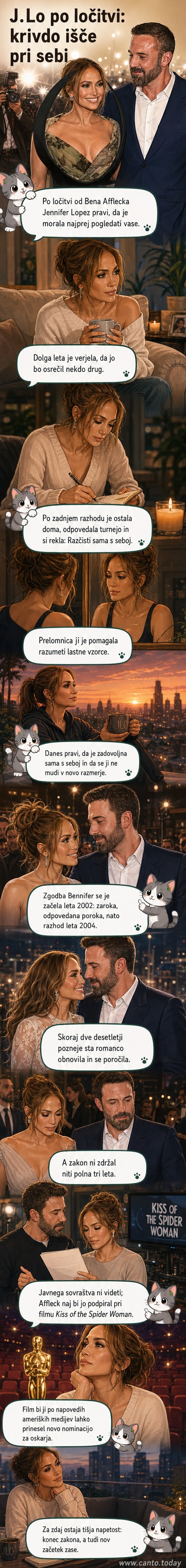 Ilustracija Jennifer Lopez, ki stoji sama pred ogledalom, medtem ko se v ozadju pojavljajo slike njenih preteklih odnosov in filmskih vlog.