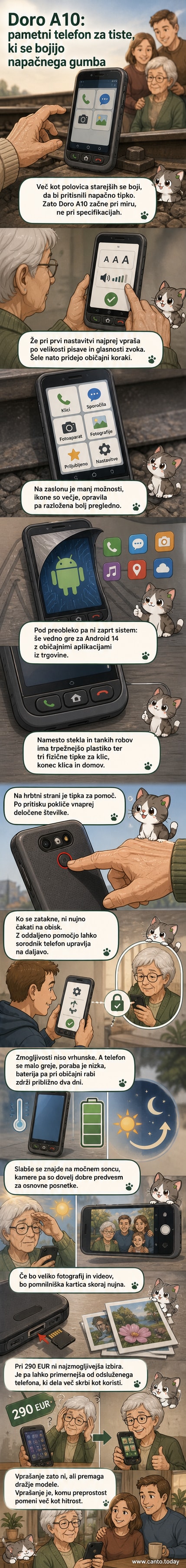 Rojstvo poenostavljenega pametnega telefona: Doro A10 z velikimi tipkami in jasnim zaslonom, namenjen starejšim uporabnikom, ki iščejo enostavno tehnologijo.
