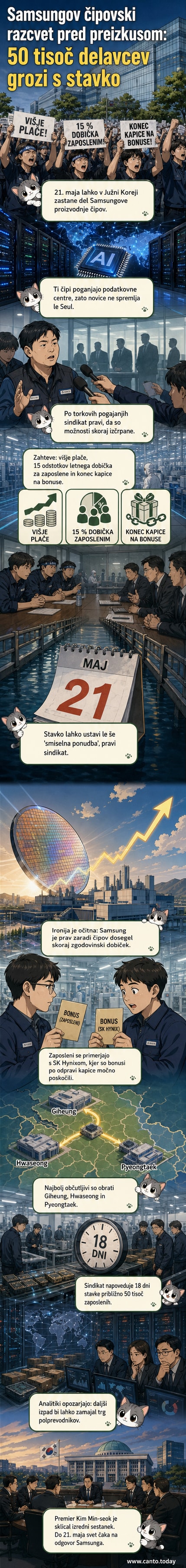Ilustracija stavkajočih delavcev pred tovarno Samsunga s simboli čipov in umetne inteligence v ozadju