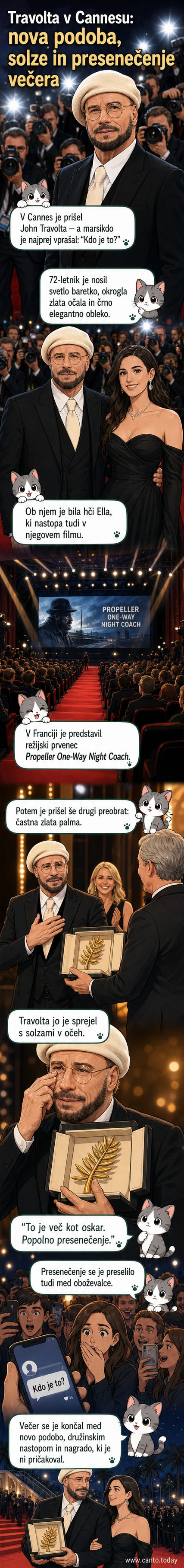 John Travolta in hčerka Elle na rdeči preprogi v Cannesu, igralec nosi svetlo bareto in zlata očala