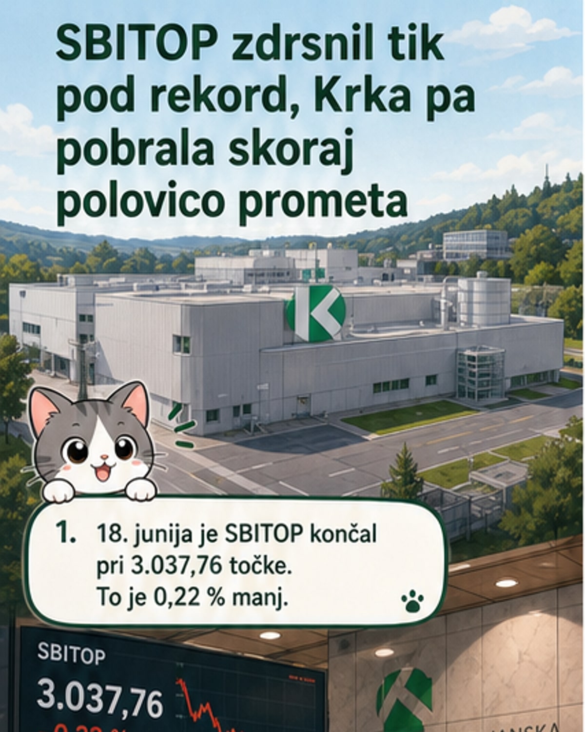 Grafični prikaz gibanja indeksa SBITOP in prometa delnic Krke na ljubljanski borzi, z vstavkom cene delnice in prihajajoče dividende.