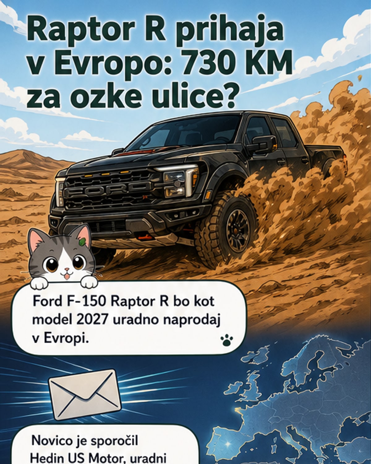 Ilustracija Ford F-150 Raptor R na terenu, s širokimi platišči in velikimi terenskimi pnevmatikami, v ozadju evropsko krajino.