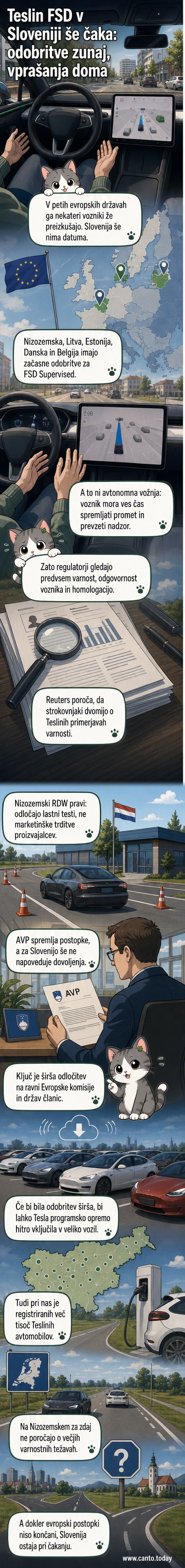 Teslin avtomobil na cesti z ikono avtopilota na zaslonu, v ozadju prometna križišča in avtocesta