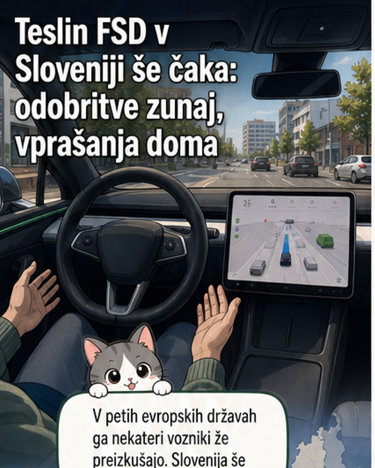 Teslin avtomobil na cesti z ikono avtopilota na zaslonu, v ozadju prometna križišča in avtocesta