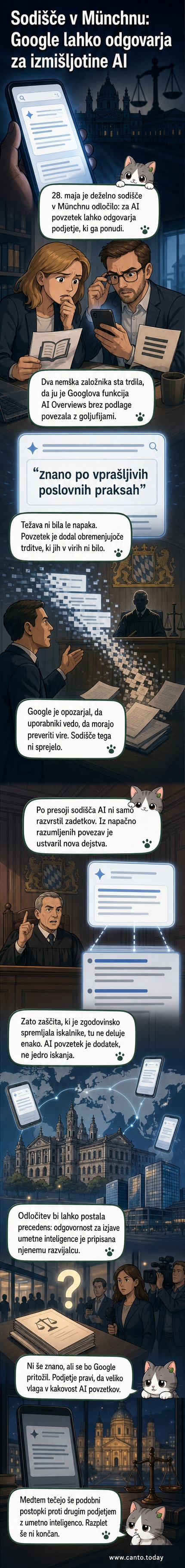 Ilustracija umetne inteligence, ki izdaja lažne informacije skozi iskalnik Google, s simboli sodišča in pravnih dokumentov v ozadju.