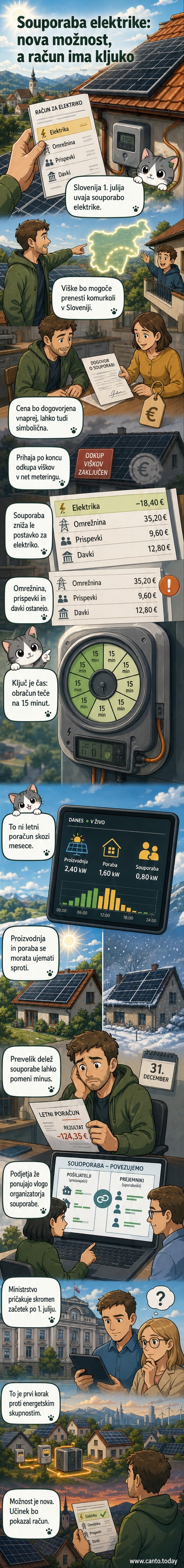 Ilustracija sončne elektrarne na strehi, ki simbolično 'deli' elektriko z drugimi hišami prek omrežja, z grafičnim prikazom obračunskih tokov.