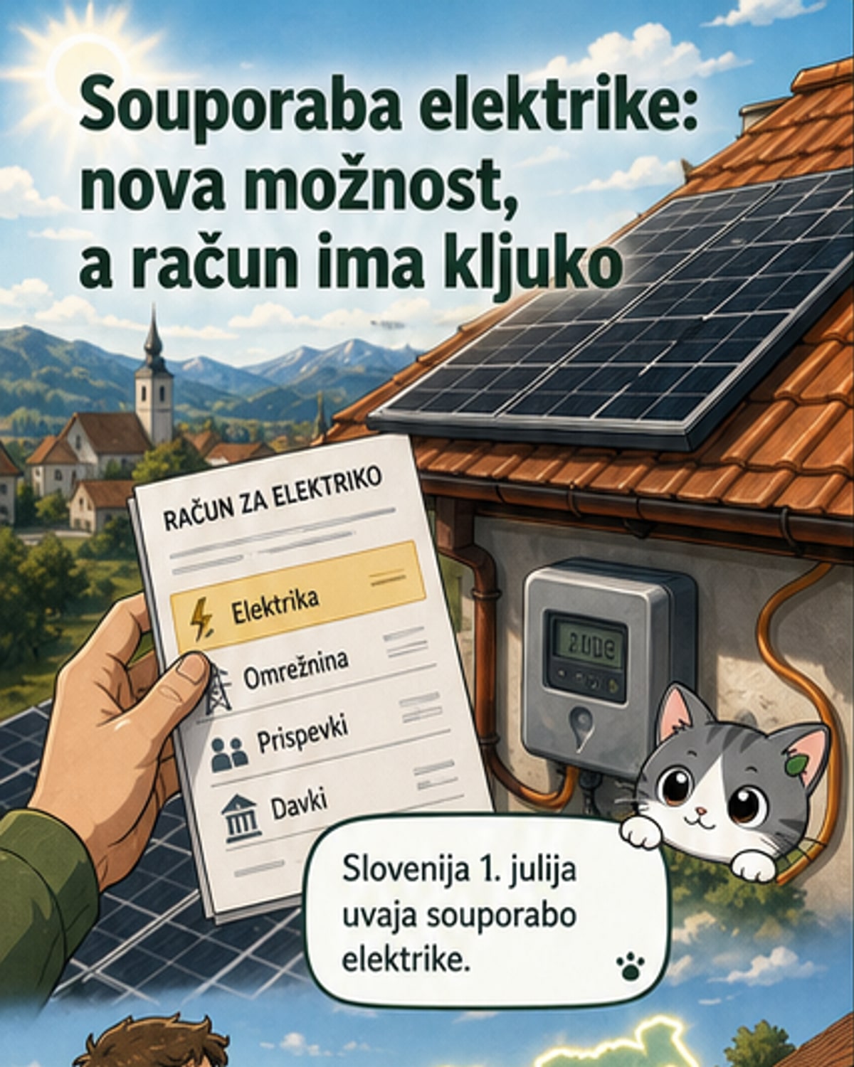 Ilustracija sončne elektrarne na strehi, ki simbolično 'deli' elektriko z drugimi hišami prek omrežja, z grafičnim prikazom obračunskih tokov.