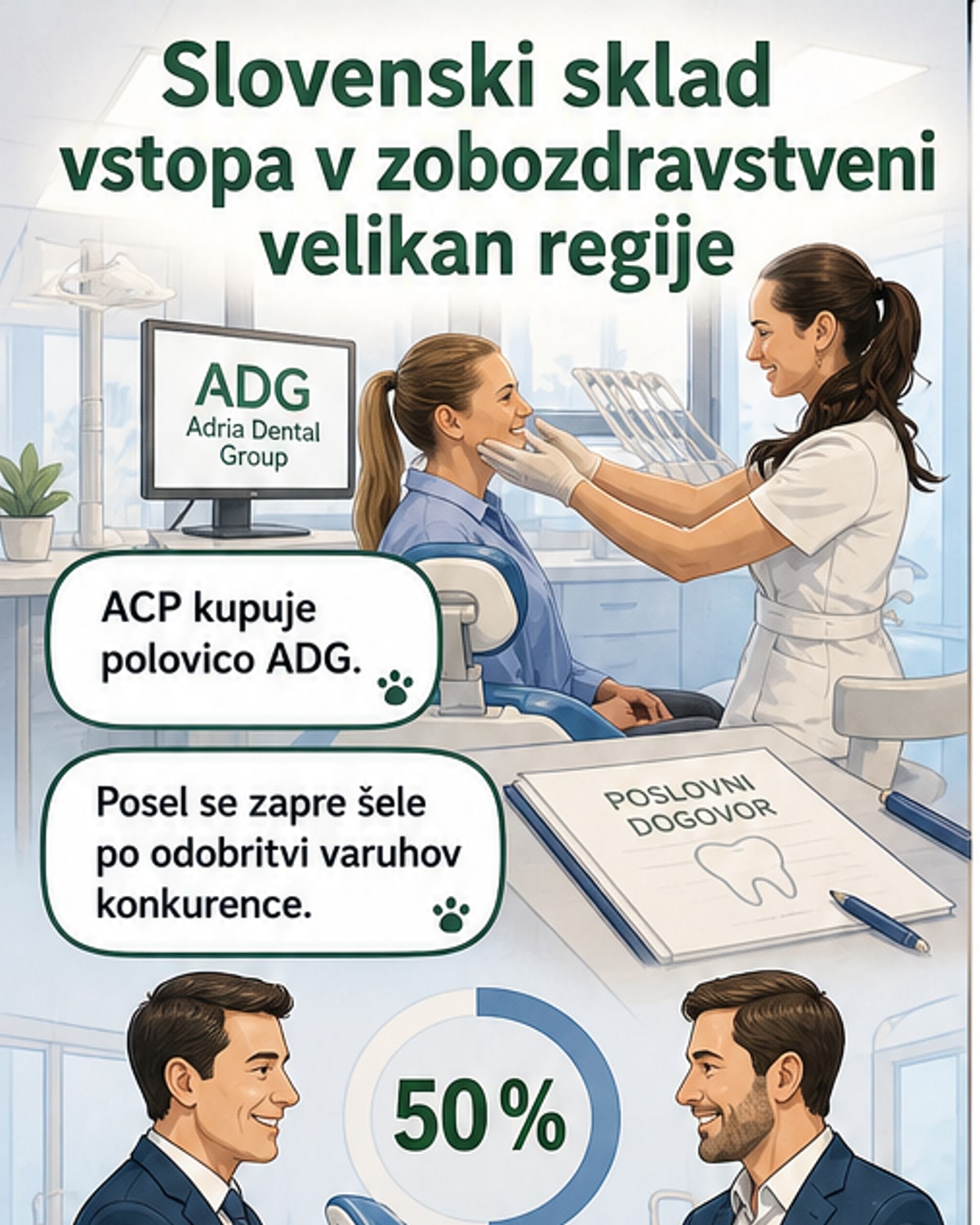 Ilustracija zobozdravstvene klinike z znamko Adria Dental Group na več lokacijah v srednji Evropi, z zastavami Slovenije, Hrvaške in Italije.