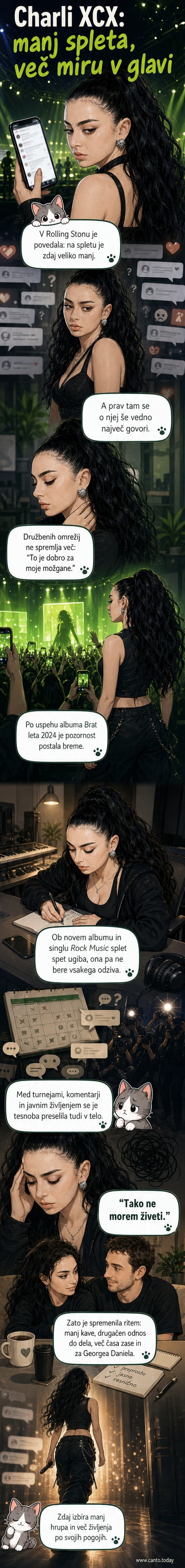 Pevka Charli XCX v modri svetlobi, z glavnikom na glavi, v ozadju megleno in abstraktno – simbol umika iz digitalnega hrupa.