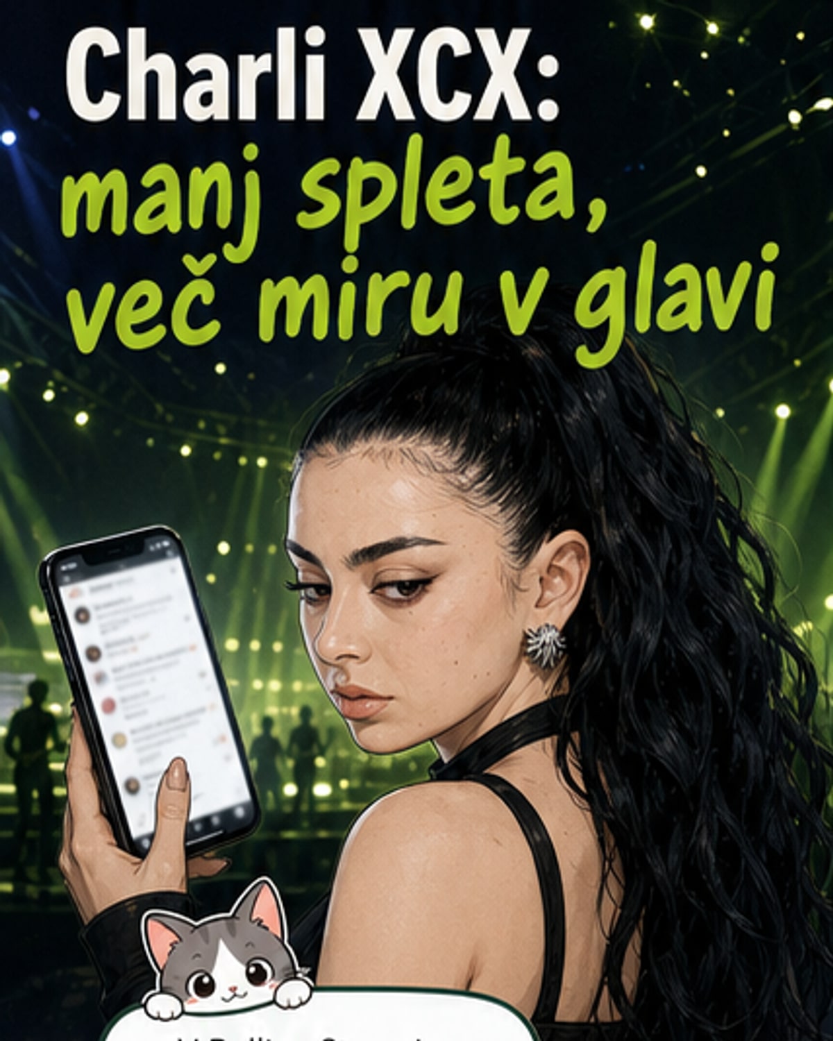 Pevka Charli XCX v modri svetlobi, z glavnikom na glavi, v ozadju megleno in abstraktno – simbol umika iz digitalnega hrupa.