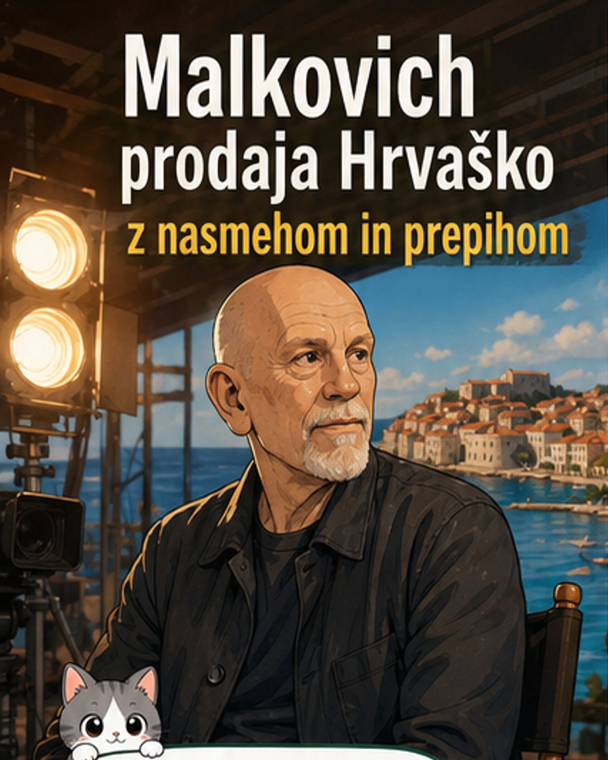 John Malkovich v promocijskem videu za Hrvaško, v ozadju prizori iz narave in mest, ob njem simbolični hrvaški potni list.