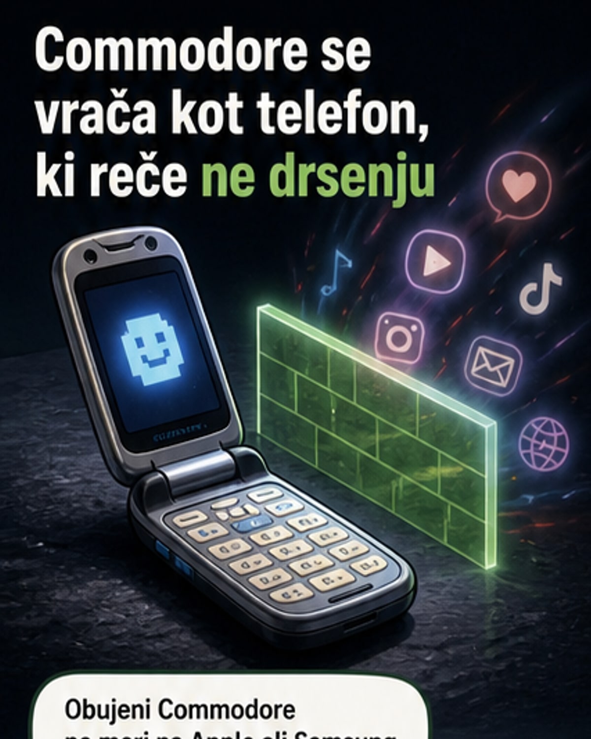 Retro preklopni telefon Commodore Callback 8020 z zaslonom, ki prikazuje blokado družbenih omrežij in ikone klasičnih iger.