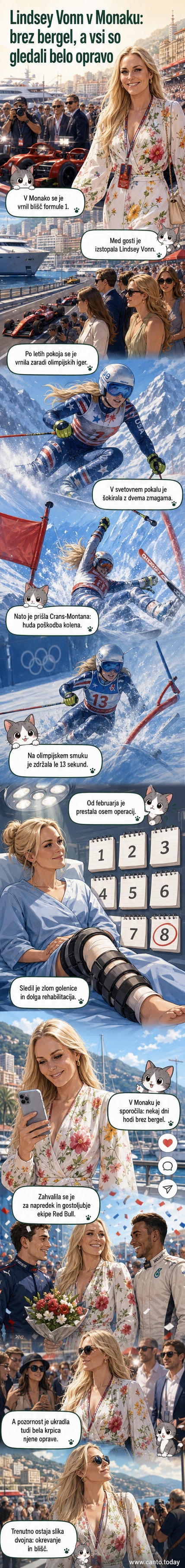 Lindsey Vonn v beli obleki brez bergel na dirki Formule 1 v Monaku, okoli nje množica in avtomobili Formule 1.