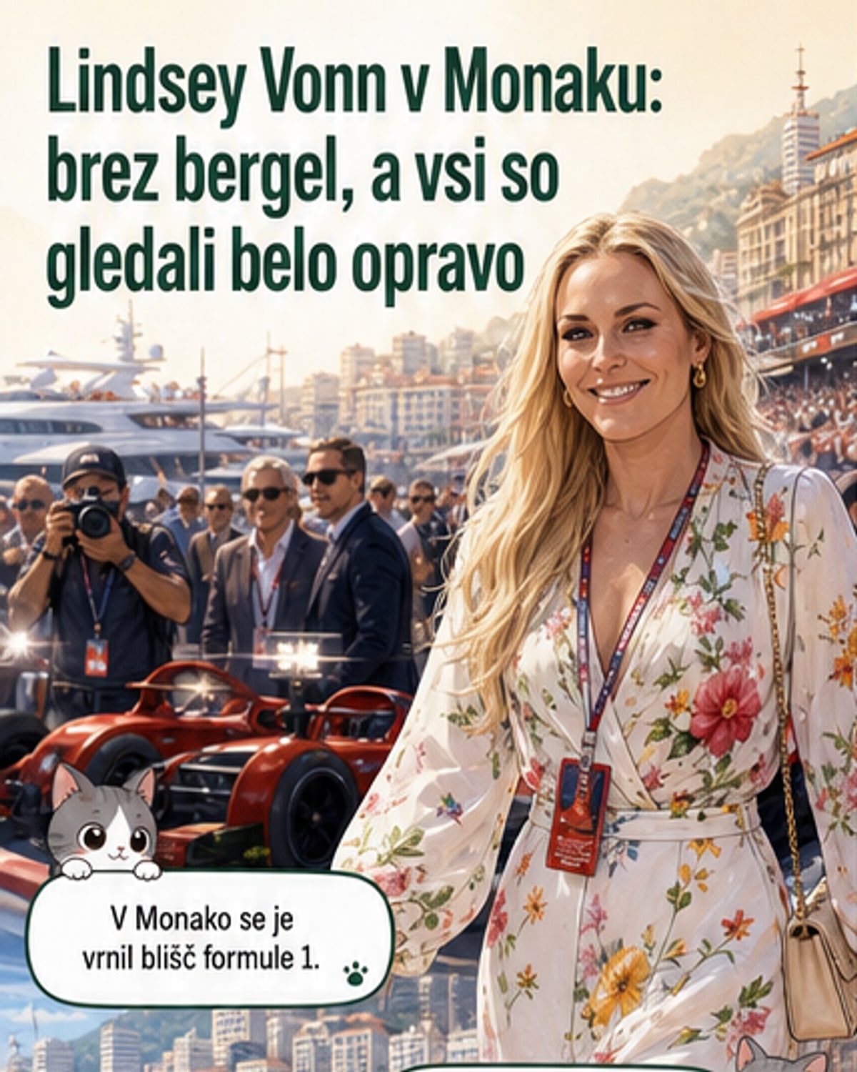Lindsey Vonn v beli obleki brez bergel na dirki Formule 1 v Monaku, okoli nje množica in avtomobili Formule 1.