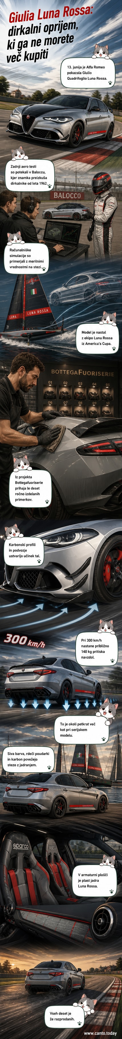 Alfa Romeo Giulia Quadrifoglio Luna Rossa v sivi barvi z rdečimi akcenti, karbonskim spojlerjem in logotipom z rdečim ozadjem, parkiran na dirkališču v Baloccu.