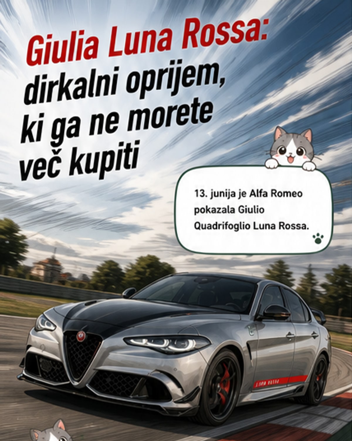 Alfa Romeo Giulia Quadrifoglio Luna Rossa v sivi barvi z rdečimi akcenti, karbonskim spojlerjem in logotipom z rdečim ozadjem, parkiran na dirkališču v Baloccu.