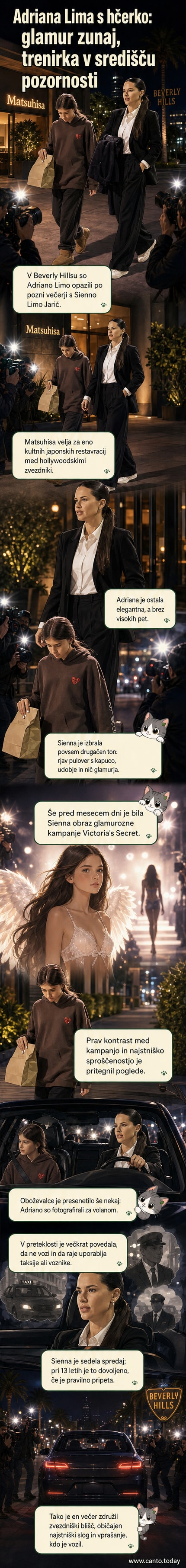 Adriana Lima in njen otrok Sienna stojita pred restavracijo Matsuhisa v Beverly Hillsu; mama v elegantnem, a udobnem obleku s športnimi copati, hči v rjavem puloverju s kapuco in uggicah.