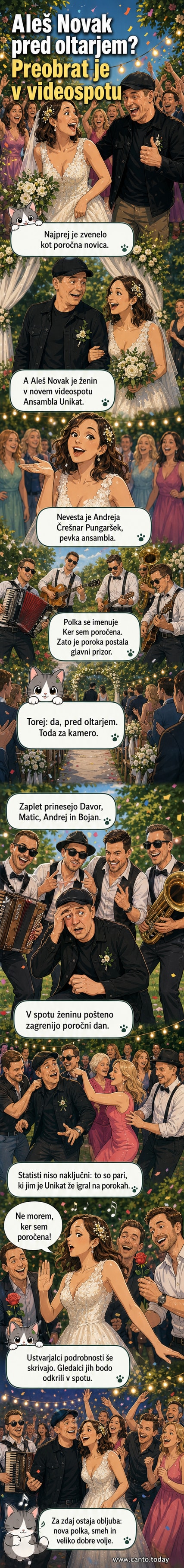 Aleš Novak v poročni obleki, ob njem pevka Andreja Črešnar Pungaršek v beli poročni obleki, okoli njiju člani Ansambla Unikat v vlogi 'bad boysov', v ozadju poročna dekoracija in gostje.