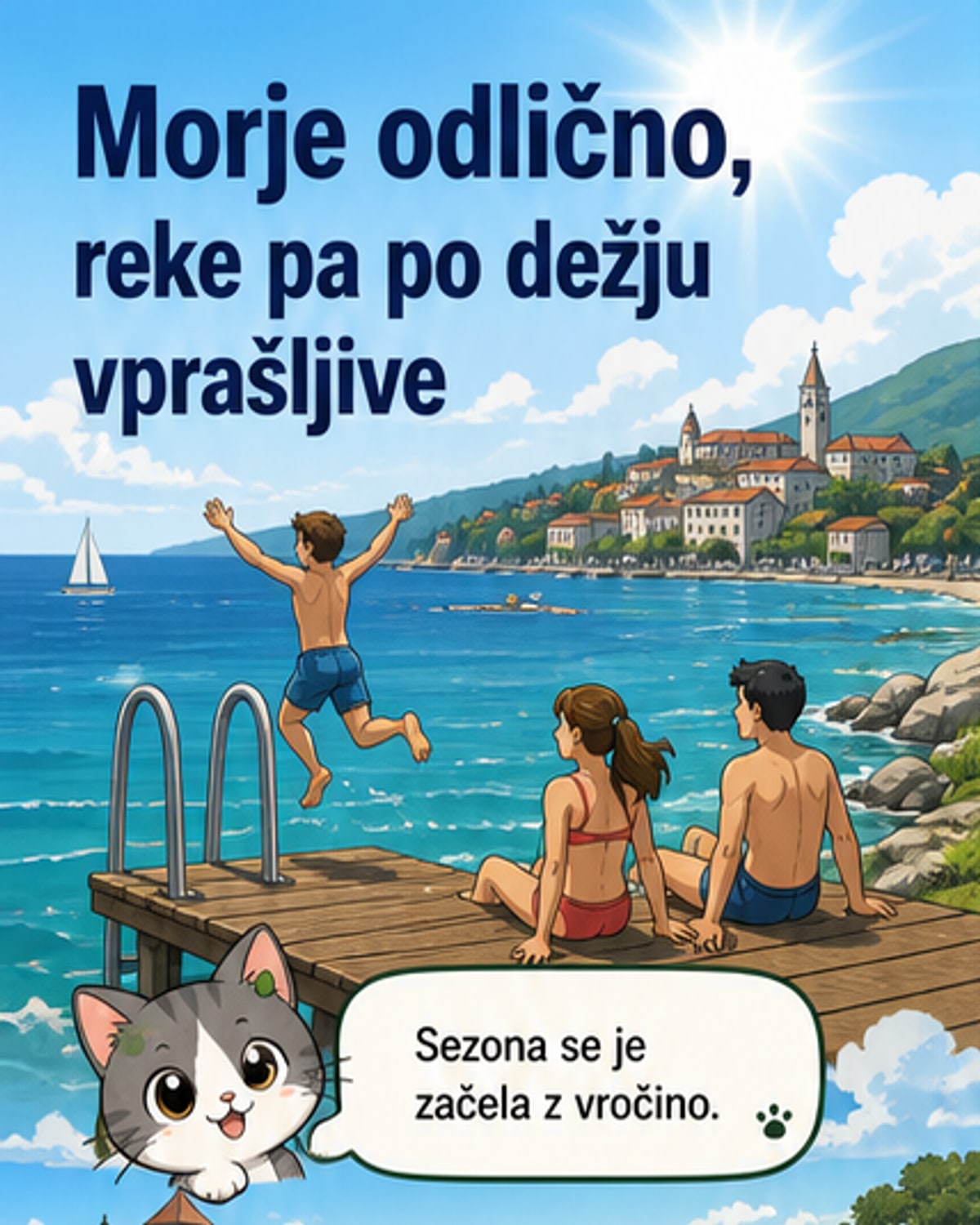 Ilustracija: ob obali Jadranskega morja, kjer otroci in odrasli plavajo v čisti modri vodi, v ozadju pa se vidi opozorilna tabla pri rekordni kakovosti vode.