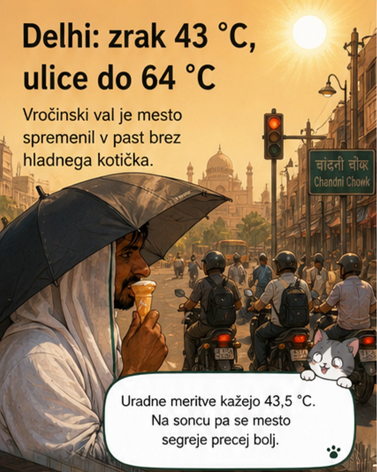 Termalna slika križišča v Delhiju, kjer rdeče in rumene barve prikazujejo ekstremne temperature asfalta do 64 °C, medtem ko so zasenčena območja pod 40 °C.