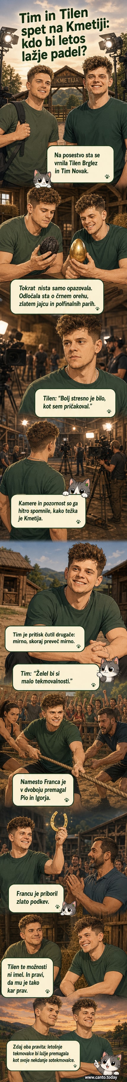 Tim Novak in Tilen Brglez na oddaji Kmetija, obkrožena z dvema tekmovalcema, v ozadju kameri in kulisa reality šova