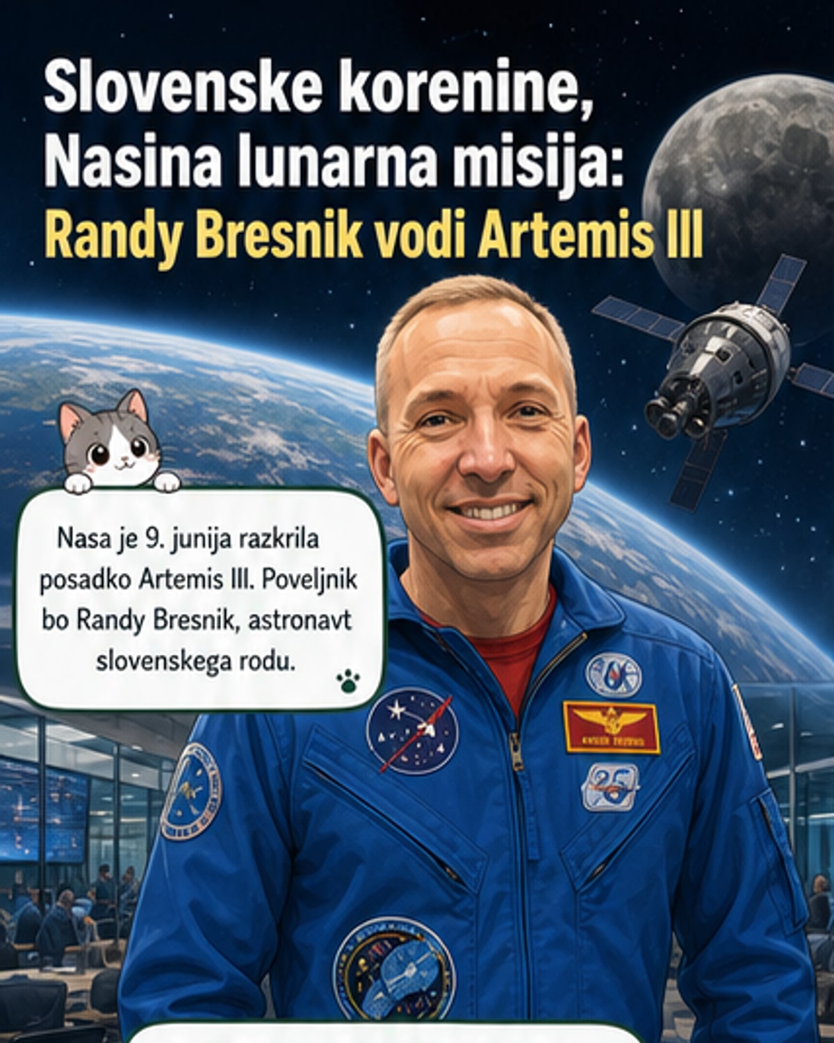 Astronavt Randy Bresnik v vesoljskem skafandru, v ozadju Zemlja in vesoljska postaja, s slovensko zastavo na rokavu