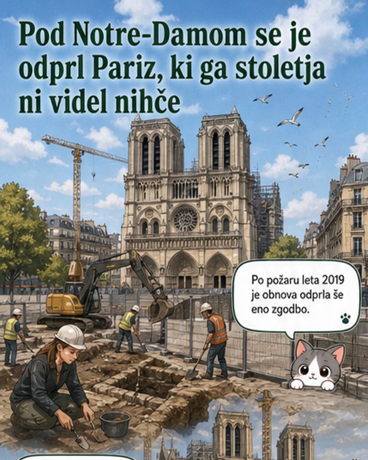 Arheologi v opremi kopajo v tleh pred katedralo Notre-Dame, v ozadju so vidne ograje in pariški ulični pohod. Ilustracija prikazuje plasti zgodovine pod mestom.